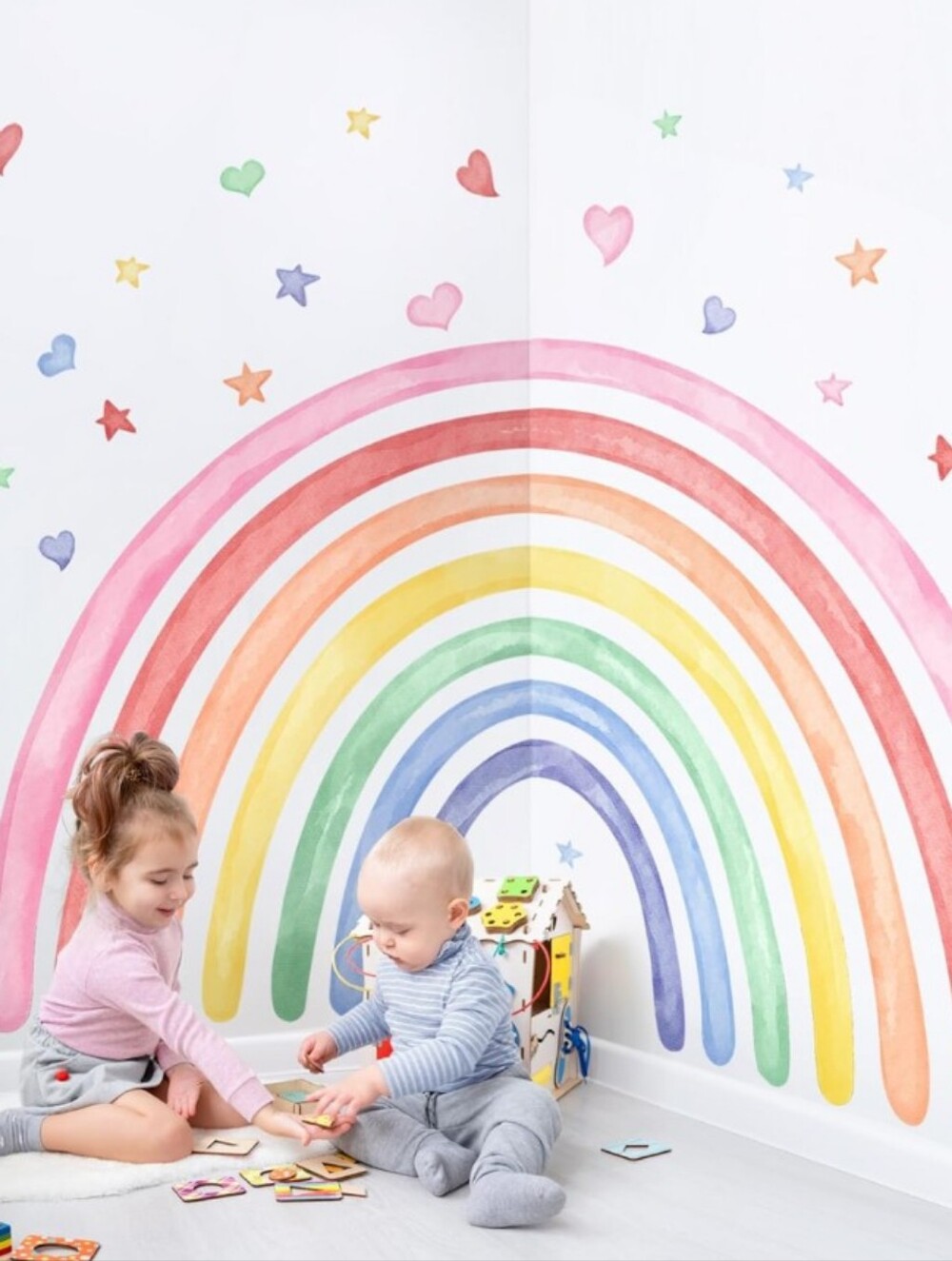 Rainbow Wall Decal Playroom Mural - Pastel Rainbow Colors